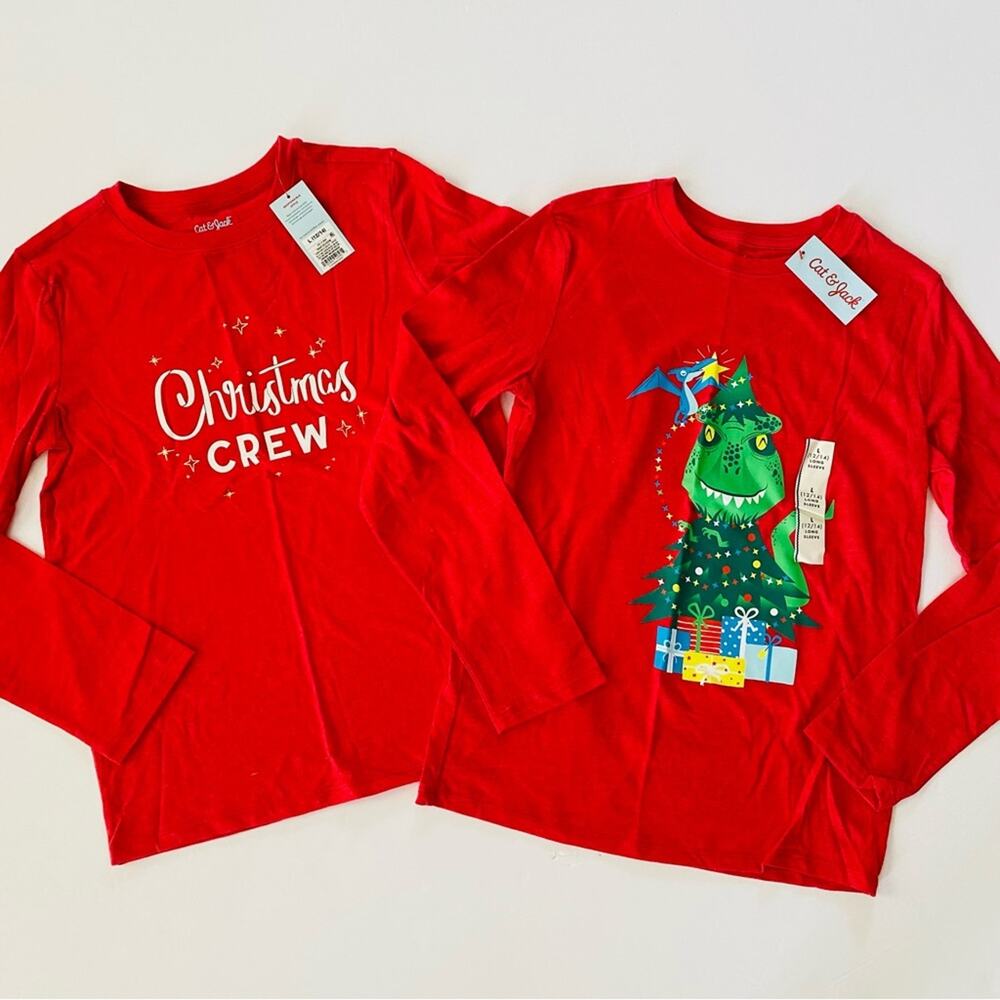 Cat & Jack | Christmas Crew Dinosaur Tree T-Shirt Bundle NWT L